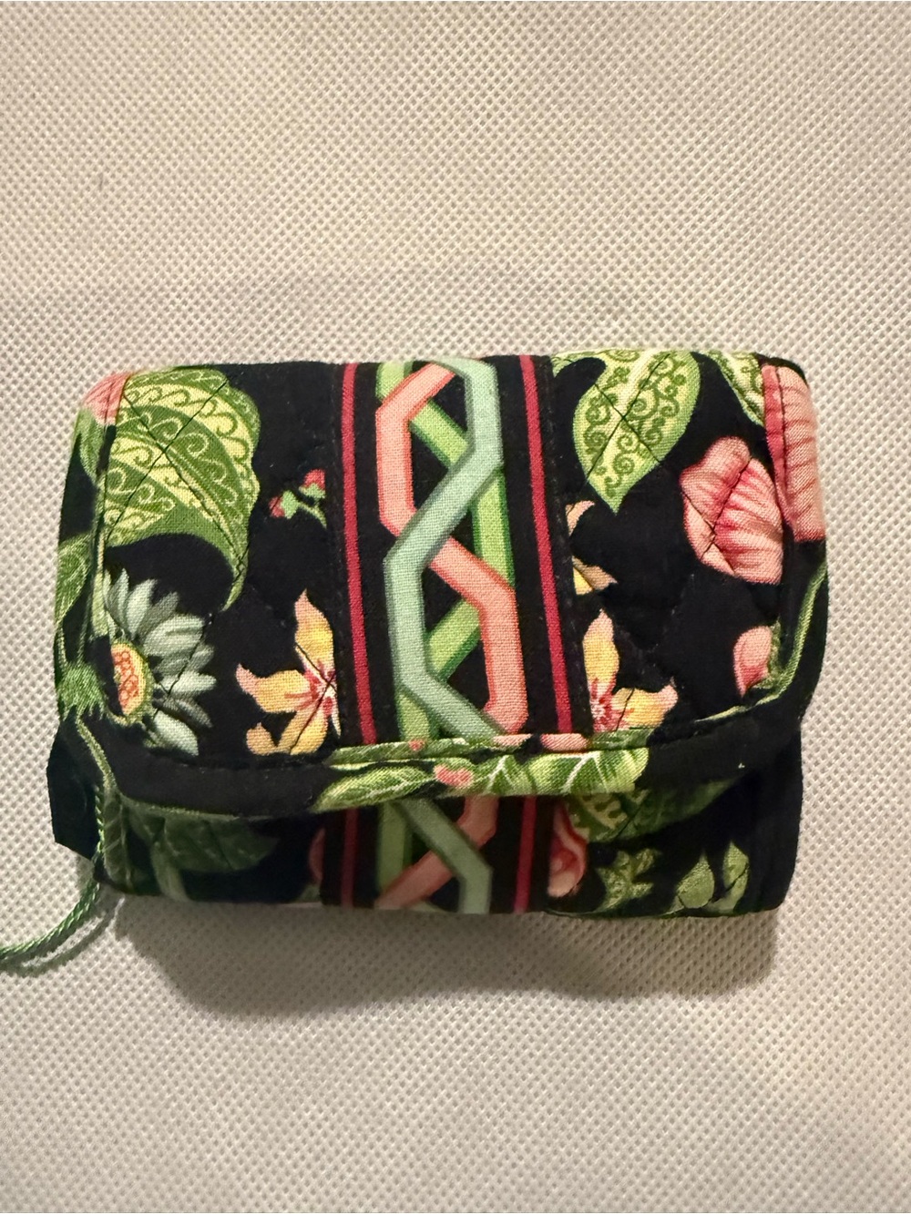Quilted Floral Fold-Over Wallet in Black with Green and Pink